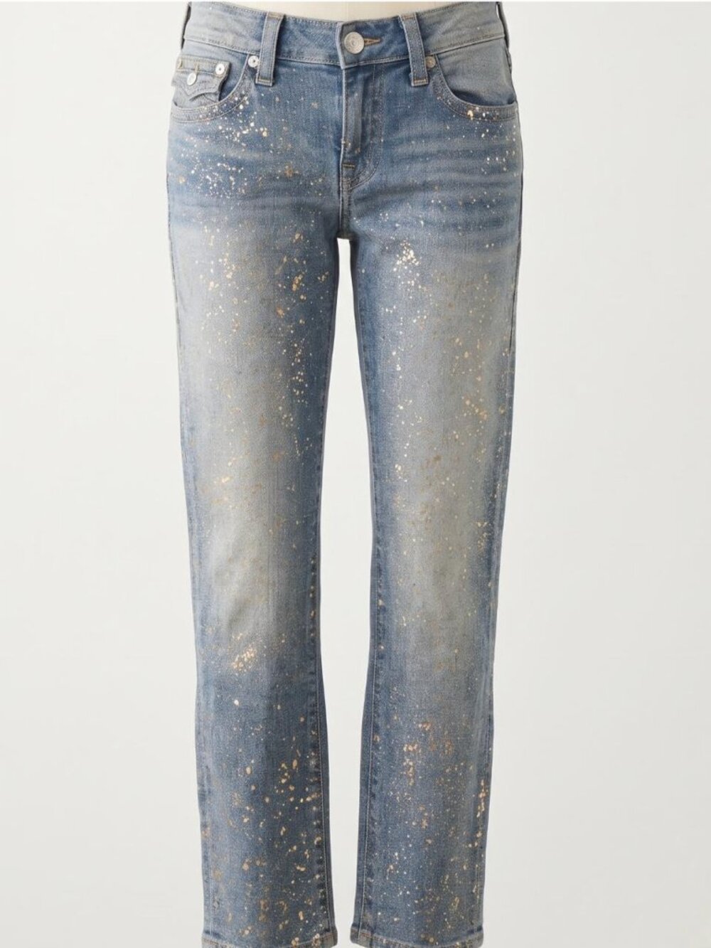 True Religion Cameron Slim Boyfriend Jeans Size 26 Gold Metallic Foil Splatter